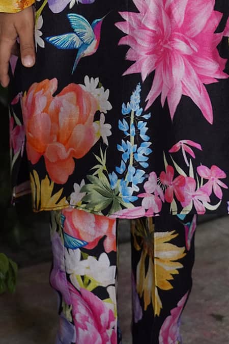 Panchhi By Kanupriya Tibrewala Multi Color , Satin Firefly Floral Print Kurta And Pant Set Online at Aza Fashions Panchhi By Kanupriya Tibrewala_Multi Color , Satin Firefly Floral Print Kurta And Pant Set_Online_at_Aza_Fashions