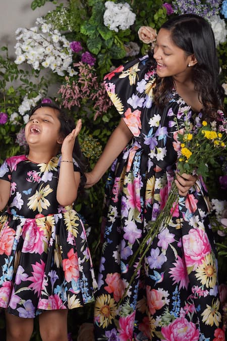 Panchhi By Kanupriya Tibrewala_Multi Color Satin Peony Floral Print Short Dress_Online_at_Aza_Fashions