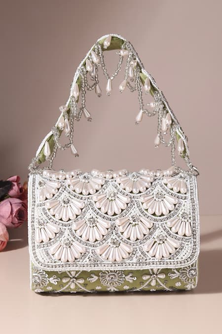 House of Webhin Green Pearl Stone And Embellished Flap Bag 