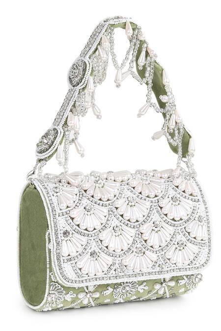 House Of Webhin_Green Pearls, Stones And Embellished Flap Bag _Online_at_Aza_Fashions
