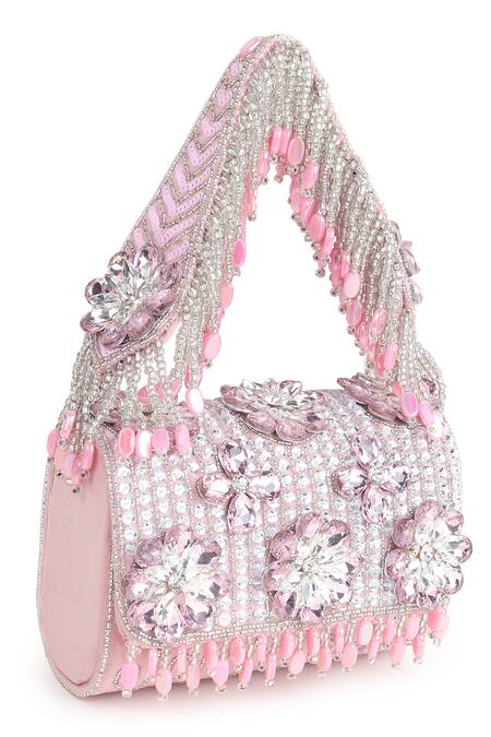 House Of Webhin_Pink Tassels, Stones Embroidered Flap Bag _Online_at_Aza_Fashions