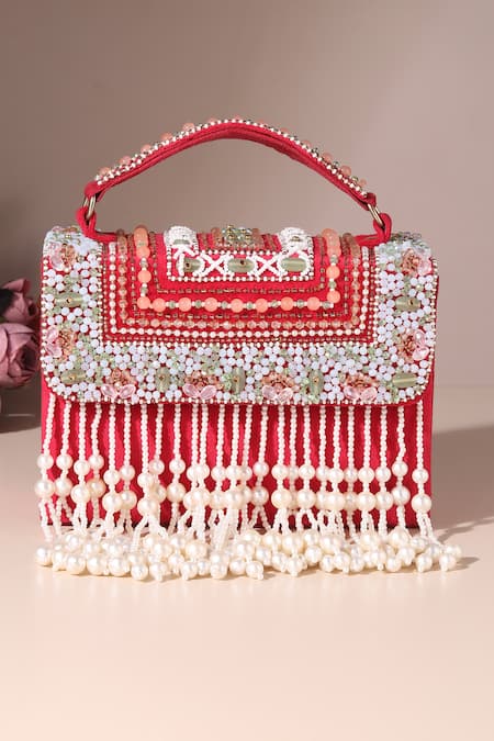 House of Webhin Red Stone Multi Embellished Bag 