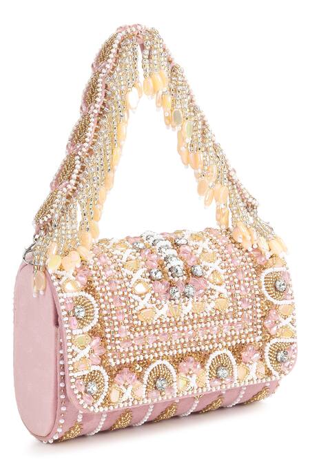 House Of Webhin_Pink Beads Stone And Tassel Embroidered Flap Bag _Online_at_Aza_Fashions