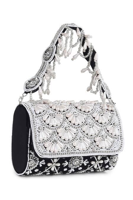 House Of Webhin_Black Pearls Floral Embellished Bag _Online_at_Aza_Fashions