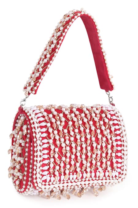 House Of Webhin_Red Pearls Jewel Embellished Flap Bag _Online_at_Aza_Fashions
