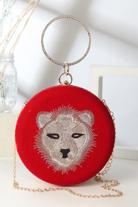 House of Webhin Tiger Motif Zardosi Embroidered Round Clutch Bag 