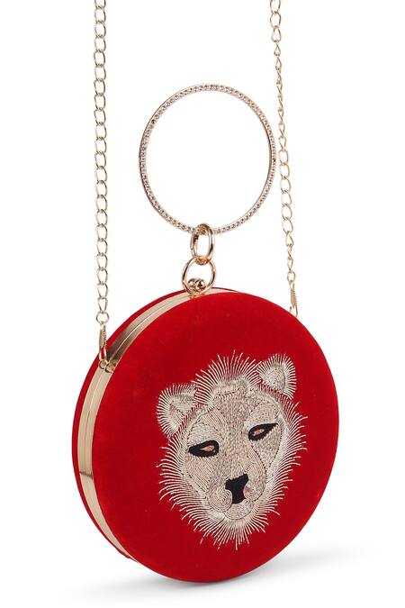 House Of Webhin_Red Zari Tiger Motif Zardosi Embroidered Round Clutch Bag _Online_at_Aza_Fashions