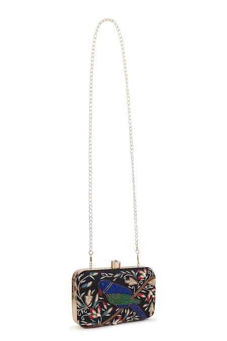 House of Webhin Midnight Parrot Embroidered Clutch 