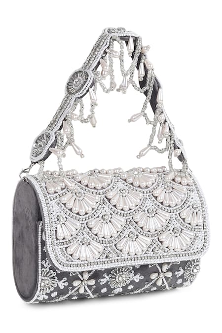 House Of Webhin_Grey Pearls Mist Floral Embellished Bag _Online_at_Aza_Fashions