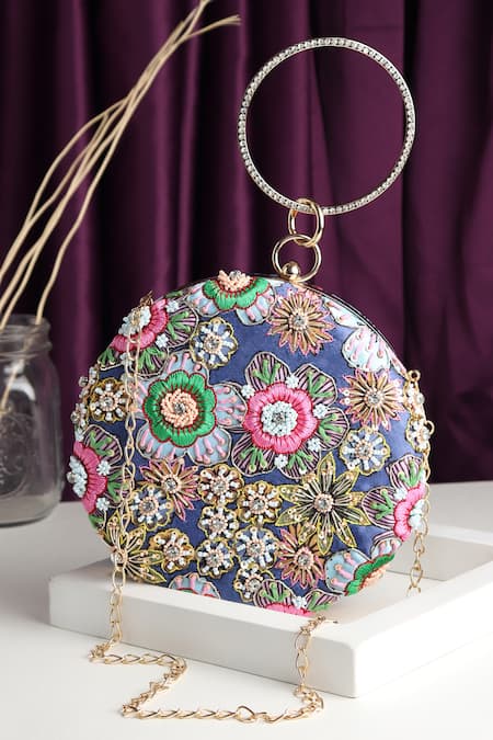 House of Webhin Blue Printed Floral Embroidered Round Clutch 