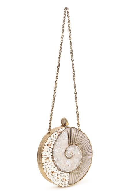 House Of Webhin_Gold Pearls, Stones Seashell Embellished Round Clutch _Online_at_Aza_Fashions