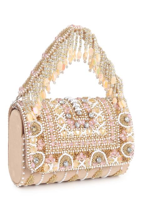 House Of Webhin_Beige Beads, Crystals Suede Embellished Bag _Online_at_Aza_Fashions