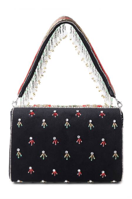 Shop_House Of Webhin_Black Beads, Crystals Embellished Suede Handbag _at_Aza_Fashions