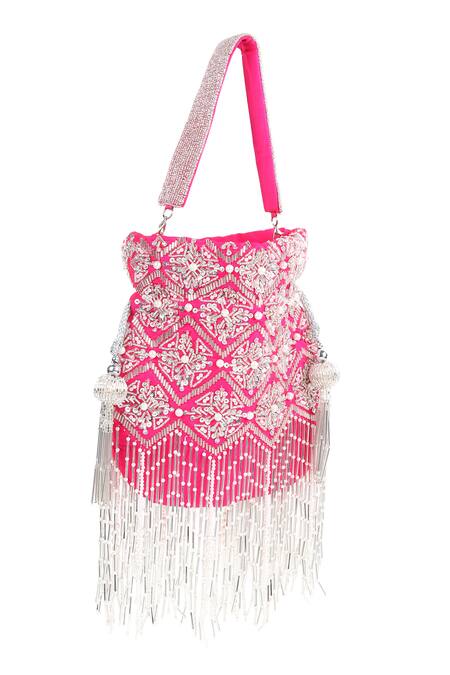 House Of Webhin_Pink Beads, Crystals, Sequins Flame Silk Embellished Potli _Online_at_Aza_Fashions