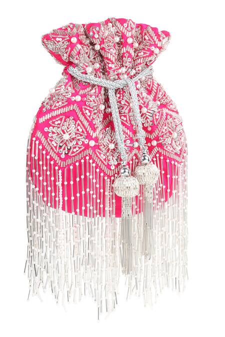 Buy_House Of Webhin_Pink Beads, Crystals, Sequins Flame Silk Embellished Potli _Online_at_Aza_Fashions