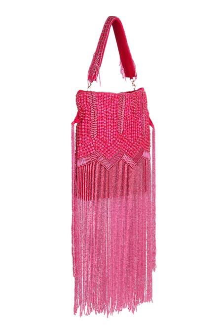 House Of Webhin_Pink Embroidery, Beads, Sequins Flame Velvet Crystal Embellished Potli _Online_at_Aza_Fashions