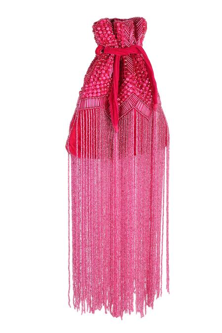 Buy_House Of Webhin_Pink Embroidery, Beads, Sequins Flame Velvet Crystal Embellished Potli _Online_at_Aza_Fashions