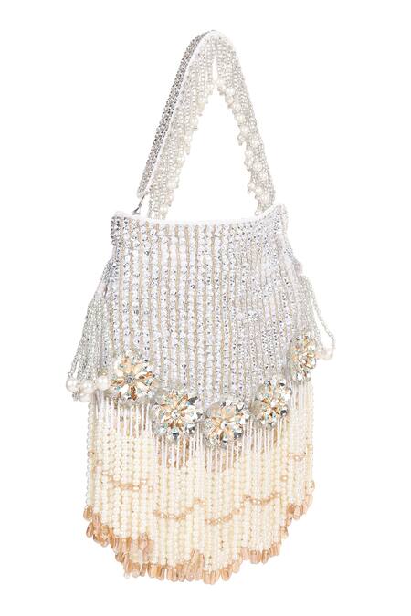 House Of Webhin_White Beads, Crystals, Sequins Pearl Embellished Potli _Online_at_Aza_Fashions