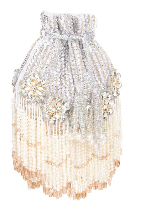 Buy_House Of Webhin_White Beads, Crystals, Sequins Pearl Embellished Potli _Online_at_Aza_Fashions