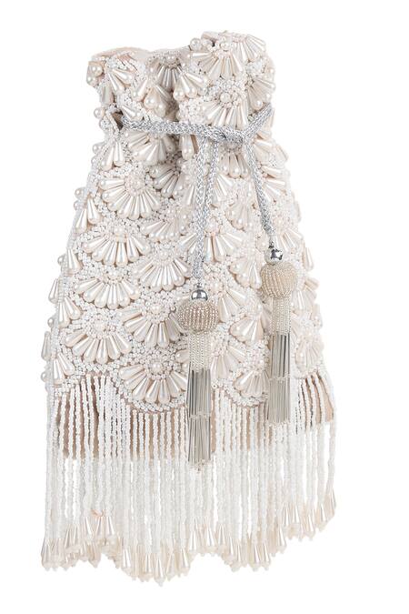 House Of Webhin_Beige Beads, Pearls Elegance Scallop Embellished Potli _Online_at_Aza_Fashions