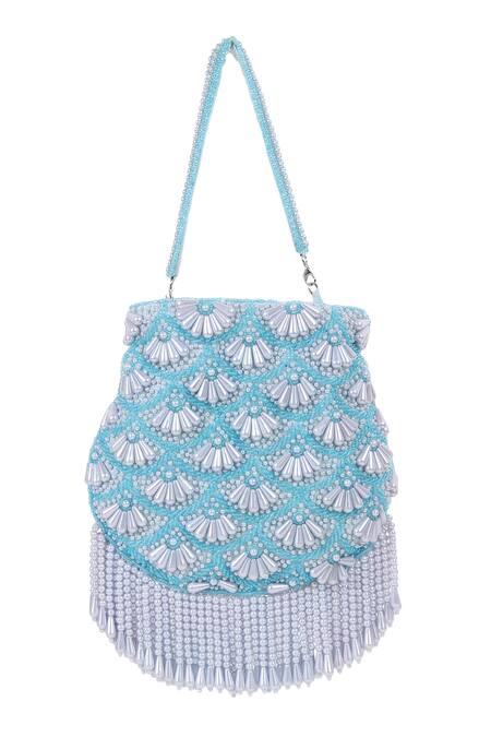 House Of Webhin_Blue Beads, Embroidery Serene Pearl Scallop Embellished Potli _Online_at_Aza_Fashions