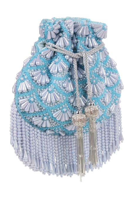Buy_House Of Webhin_Blue Beads, Embroidery Serene Pearl Scallop Embellished Potli _Online_at_Aza_Fashions