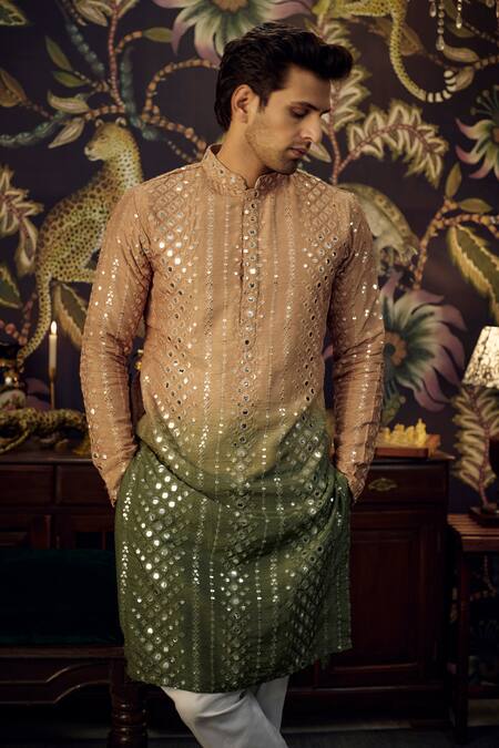 Shop_Kasbah_Brown Silk Mirrors, Embroidery Thread And Work Kurta _Online_at_Aza_Fashions