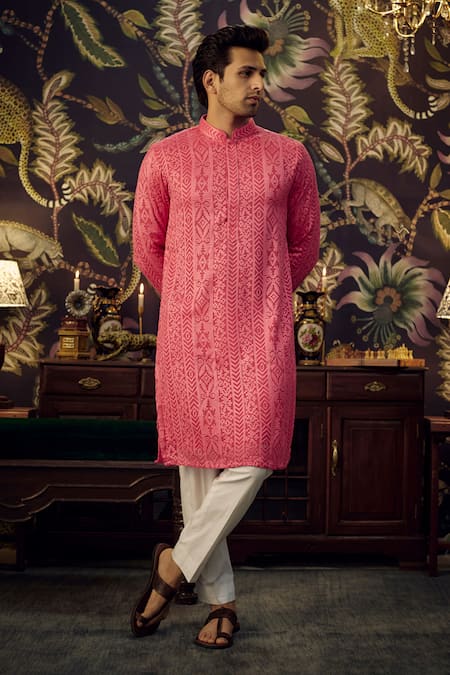 Kasbah Pink Georgette Embroidered Chikankari And Thread Kurta 