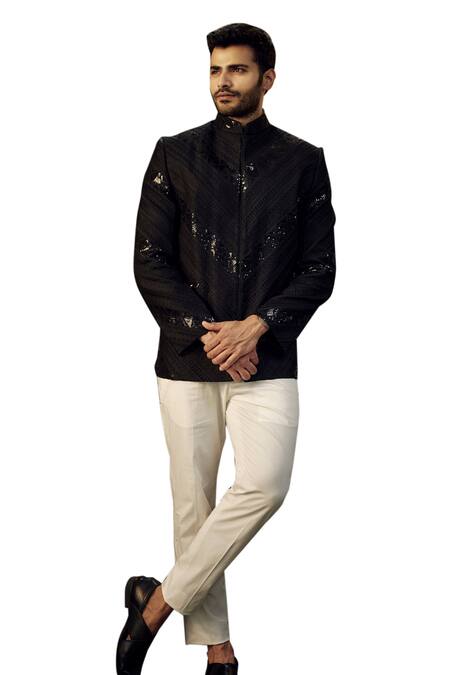 Kasbah_Black Silk Sequins, Embroidery And Thread Sherwani_Online_at_Aza_Fashions