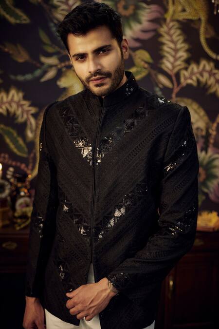 Buy_Kasbah_Black Silk Sequins, Embroidery And Thread Sherwani