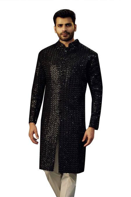 Kasbah_Black Silk Cut Work Cutdana Embroidered Sherwani_Online_at_Aza_Fashions