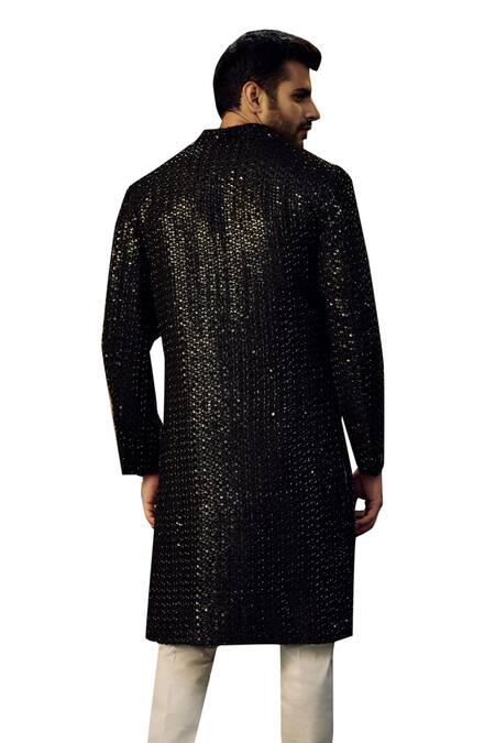 Buy_Kasbah_Black Silk Cut Work Cutdana Embroidered Sherwani_Online_at_Aza_Fashions
