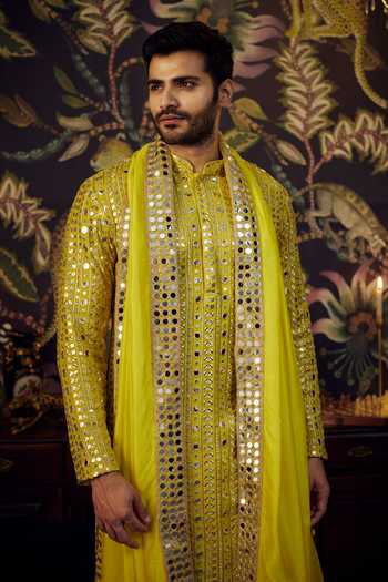 Kasbah_Yellow Silk Mirrors, Zari, Embroidery Kurta_Online_at_Aza_Fashions
