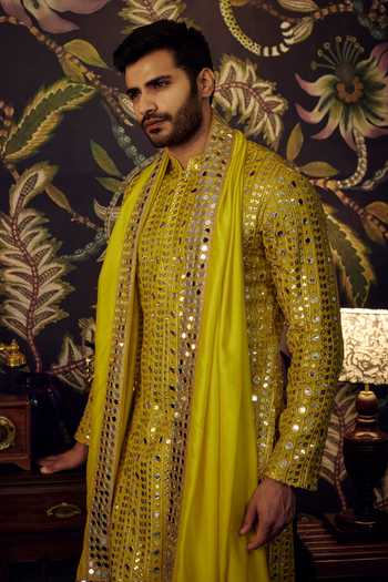 Shop_Kasbah_Yellow Silk Mirrors, Zari, Embroidery Kurta_Online_at_Aza_Fashions