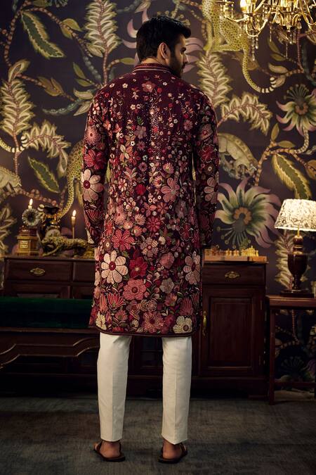 Shop_Kasbah_Wine Georgette Embroidery Floral Kurta _at_Aza_Fashions