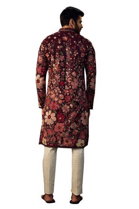 Kasbah_Wine Georgette Embroidery Floral Kurta _Online_at_Aza_Fashions