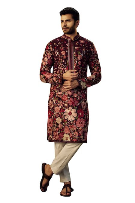 Buy_Kasbah_Wine Georgette Embroidery Floral Kurta _Online_at_Aza_Fashions