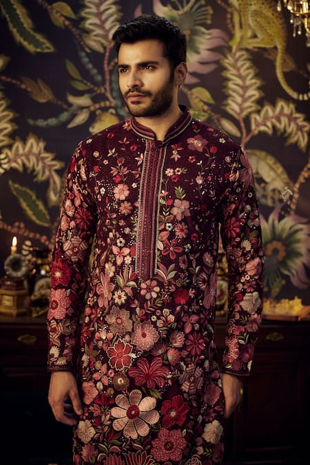 Shop_Kasbah_Wine Georgette Embroidery Floral Kurta _Online_at_Aza_Fashions