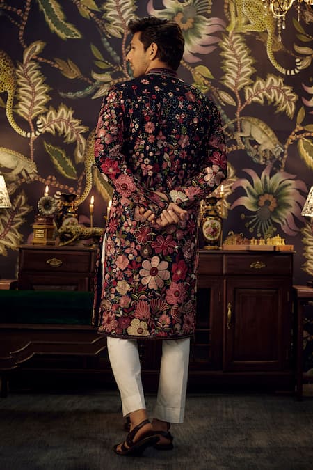 Shop_Kasbah_Blue Georgette Embroidery Floral Kurta _at_Aza_Fashions