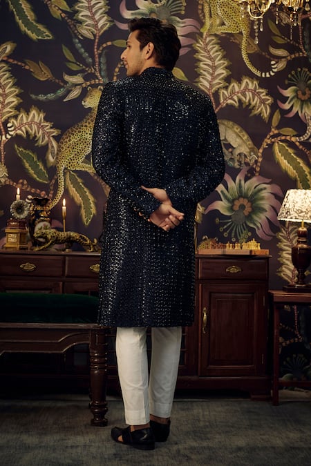 Shop Kasbah Blue Silk Sequins Long Embroidered Sherwani at Aza Fashions Shop_Kasbah_Blue Silk Sequins Long Embroidered Sherwani_at_Aza_Fashions
