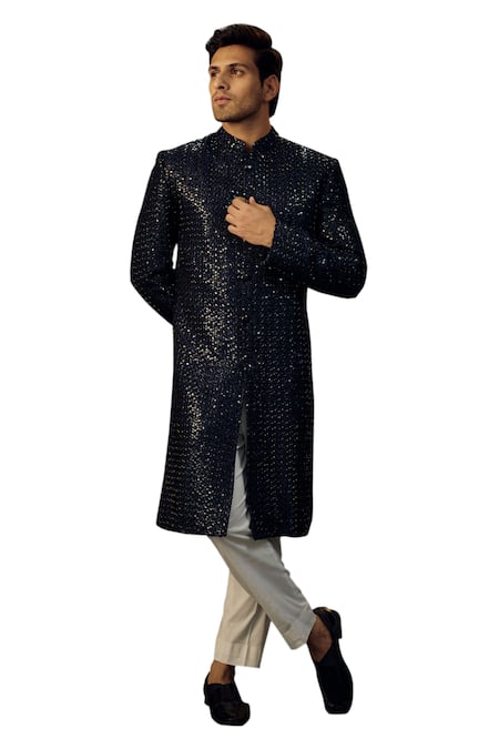 Kasbah Blue Silk Sequins Long Embroidered Sherwani Online at Aza Fashions Kasbah_Blue Silk Sequins Long Embroidered Sherwani_Online_at_Aza_Fashions