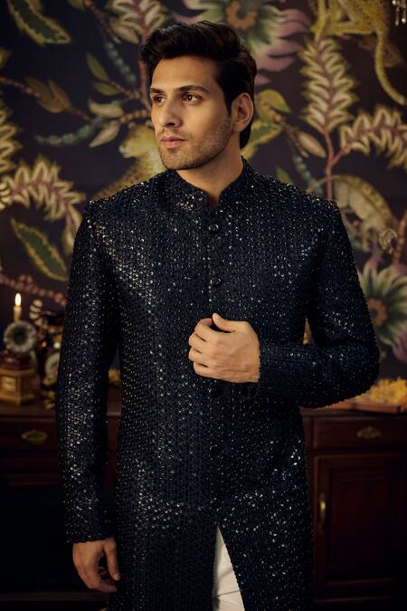 Shop Kasbah Blue Silk Sequins Long Embroidered Sherwani Online at Aza Fashions Shop_Kasbah_Blue Silk Sequins Long Embroidered Sherwani_Online_at_Aza_Fashions
