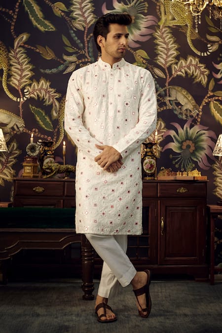 Kasbah White Silk Embroidered Mirror Kurta 