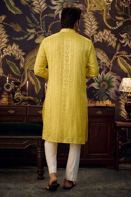 Shop Kasbah Yellow Georgette Embroidery Chikankari Kurta at Aza Fashions Shop_Kasbah_Yellow Georgette Embroidery Chikankari Kurta_at_Aza_Fashions