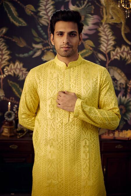 Shop Kasbah Yellow Georgette Embroidery Chikankari Kurta Online at Aza Fashions Shop_Kasbah_Yellow Georgette Embroidery Chikankari Kurta_Online_at_Aza_Fashions
