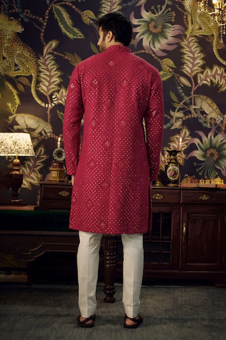 Shop_Kasbah_Red Georgette Sequins, Embroidery And Thread Kurta _at_Aza_Fashions