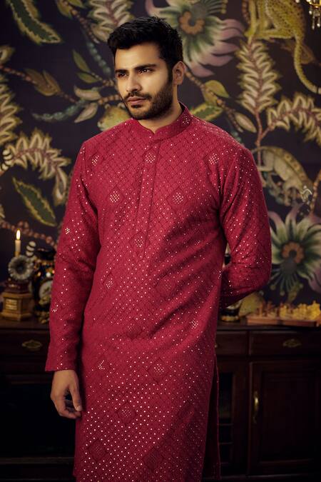 Buy_Kasbah_Red Georgette Sequins, Embroidery And Thread Kurta _Online_at_Aza_Fashions