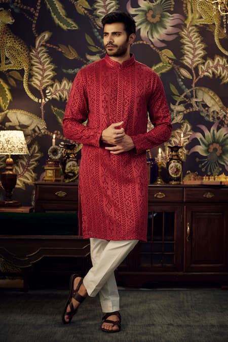 Kasbah Red Georgette Embroidered Thread On Work Kurta 