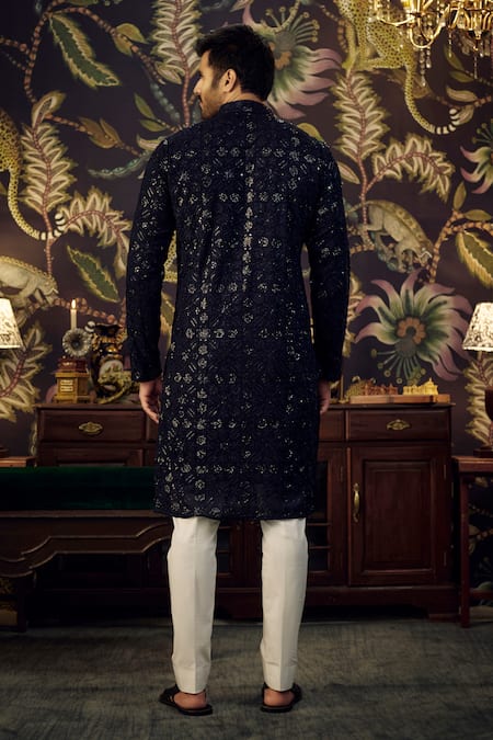 Shop_Kasbah_Blue Georgette Sequins Geometric Embroidered Kurta _at_Aza_Fashions