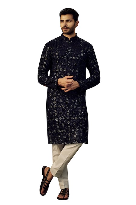 Kasbah_Blue Georgette Sequins Geometric Embroidered Kurta _Online_at_Aza_Fashions